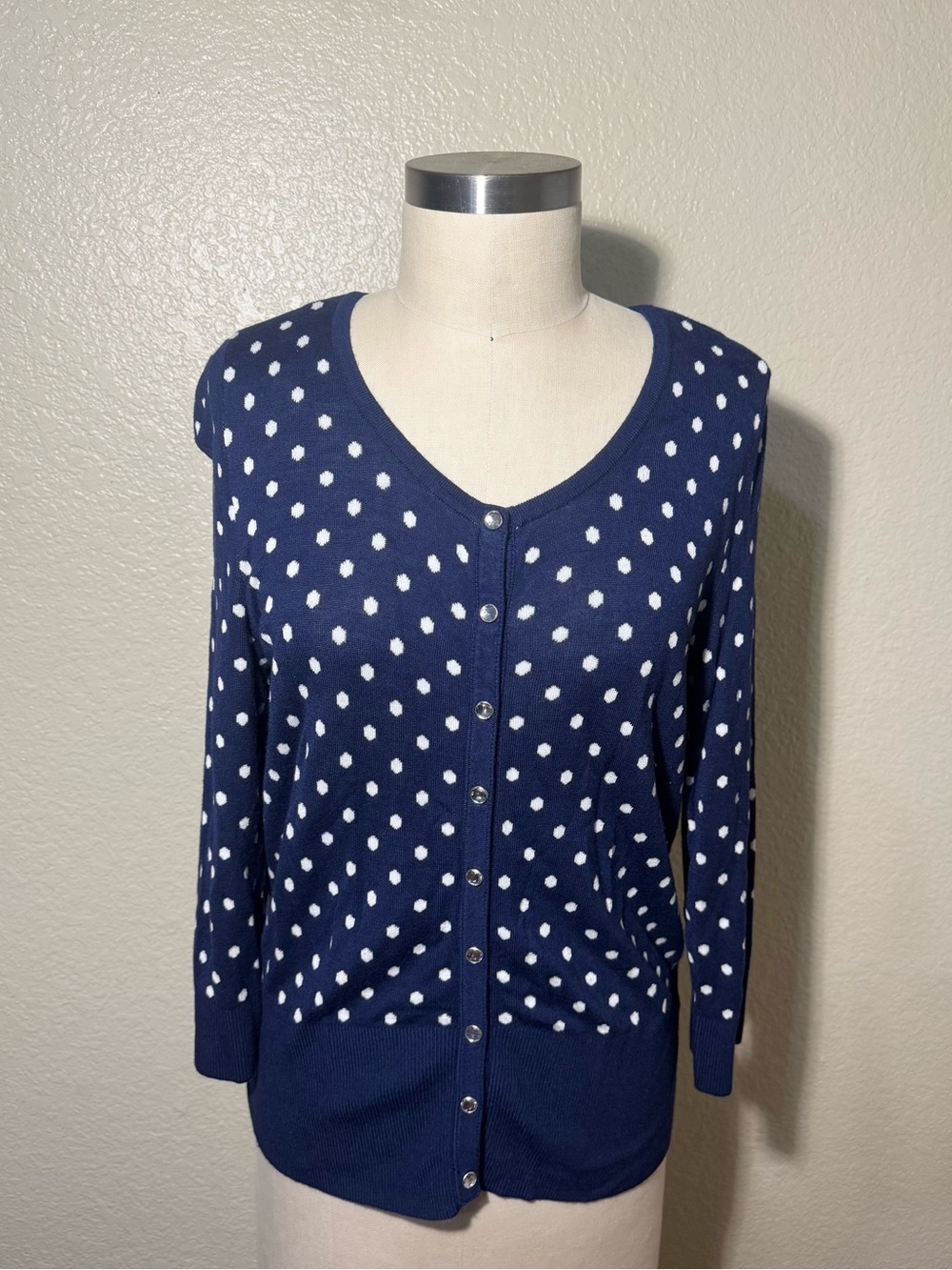 WHBM Polka Dot Cardigan Large Navy White Preppy Office Classic Sweater